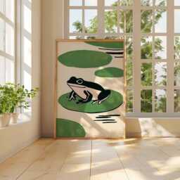 Minimalist Frog Wall Art, Retro Poster, Mid Century Modern Amphibian Print, Green Lily Pad Decor, Bold Graphic Artwork - thumbnail 3