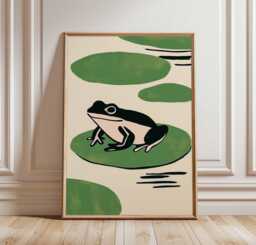 Minimalist Frog Wall Art, Retro Poster, Mid Century Modern Amphibian Print, Green Lily Pad Decor, Bold Graphic Artwork - thumbnail 1