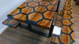 Hexagonal Rosewood Resin Bench, Blue Epoxy - 180cm
