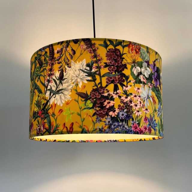 Yellow Flowers Velvet Circular Drum Lampshade/Ceiling Shade, With A White Lining - image 1