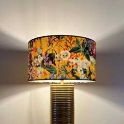Yellow Flowers Velvet Circular Drum Lampshade/Ceiling Shade, With A White Lining - thumbnail 2