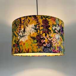 Yellow Flowers Velvet Circular Drum Lampshade/Ceiling Shade, With A White Lining