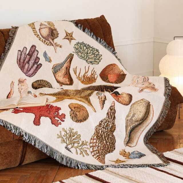 Ocean Shell Throw Blanket, Sofa Cover With Fringe, Beach Tapestry Housewarming Gift - image 1