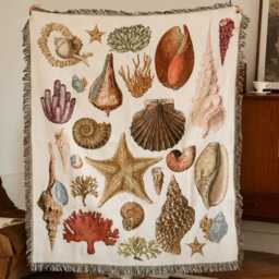 Ocean Shell Throw Blanket, Sofa Cover With Fringe, Beach Tapestry Housewarming Gift - thumbnail 3