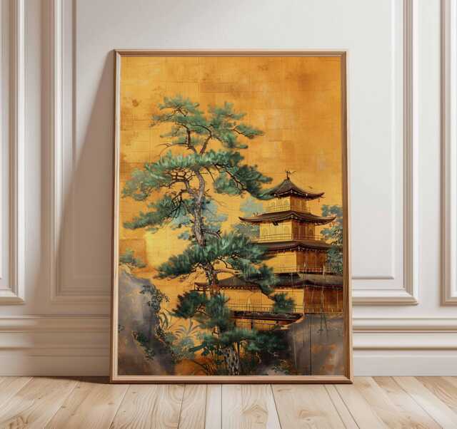 Japanese Temple Wall Art, Gold Pagoda Poster Print, Traditional Asian Architecture Decor, Zen Nature Landscape, Unframed Japan Artwork - image 1