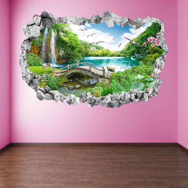 Waterfall Seagull Flowers Lake Rainbow Wall Decal Sticker Mural Poster Print Art Home Office Decor Ka2 - image 1