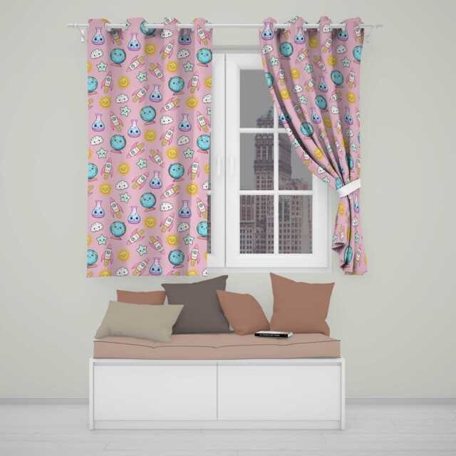 Cute Kawaii Space Rocket Globe Sun Star Pink Seamless Pattern Readymade Eyelet Ring Top Thermal 100% Blackout Curtains - image 1