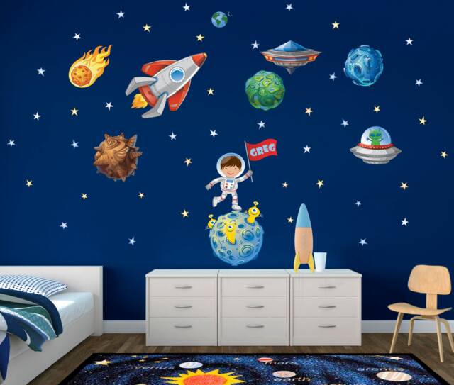 Space Ship, Rocket Ship, Personalized Name, Repositionable Wall Decal Sticker For Nursery, Kid's Room Or Playroom, Outer Mural - image 1