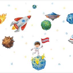 Space Ship, Rocket Ship, Personalized Name, Repositionable Wall Decal Sticker For Nursery, Kid's Room Or Playroom, Outer Mural - thumbnail 2