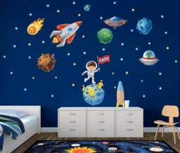 Space Ship, Rocket Ship, Personalized Name, Repositionable Wall Decal Sticker For Nursery, Kid's Room Or Playroom, Outer Mural