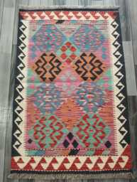 Afghan Kilim Rug, Handmade Artisan Multicolour Turkish Persian Navajo Moroccan Bohemian Flatweave, Natural Wool Dhurrie Rug 120x79 cm