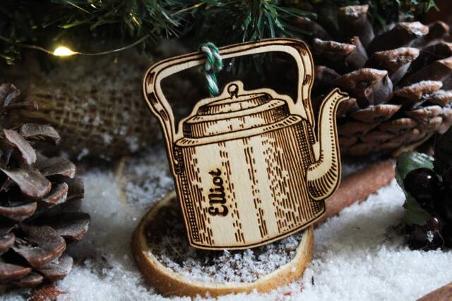 Personalised Teapot Wood Christmas Ornament Tea Lover Funny Rustic Music Bauble Laser Engraved Rustic Wooden Tree Decoration - image 1