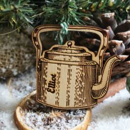 Personalised Teapot Wood Christmas Ornament Tea Lover Funny Rustic Music Bauble Laser Engraved Rustic Wooden Tree Decoration - thumbnail 2