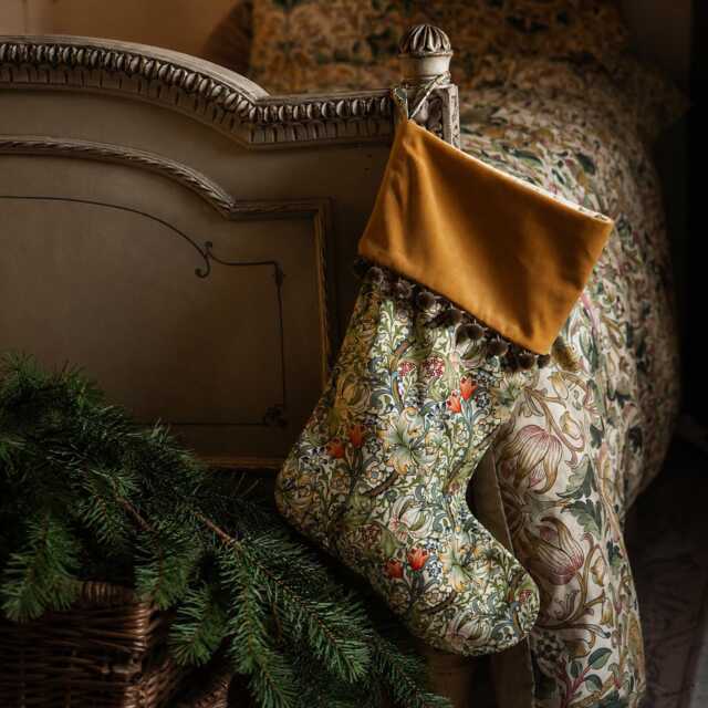 William Morris Golden Lily Christmas Stocking, Handmade Velvet Holiday Decor, Heirloom Fireplace Gift - image 1