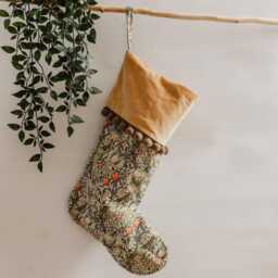William Morris Golden Lily Christmas Stocking, Handmade Velvet Holiday Decor, Heirloom Fireplace Gift - thumbnail 4