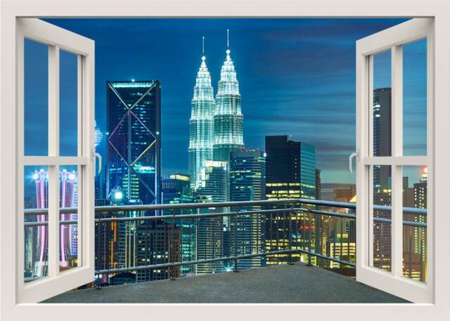 Modern City At Night Wall Decal, Kuala Lumpur View 3D Window Sticker Decor