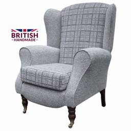 Handmade Grey Check Wingback Armchair Fireside Accent Chair