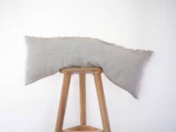 Linen Lumbar Pillow Cover Beige Ticking Stripes, Raw Edge Farmhouse Style - thumbnail 1