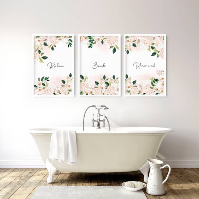 Bathroom Decor Wall Art Prints With Frames, Botanical Shabby Chic 3 Piece Prints, Spa Decor Framed Art, Relaxation Gift Women - image 1