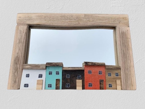 Driftwood Mirror With Handpainted Houses, Handmade in Wales, 12x8