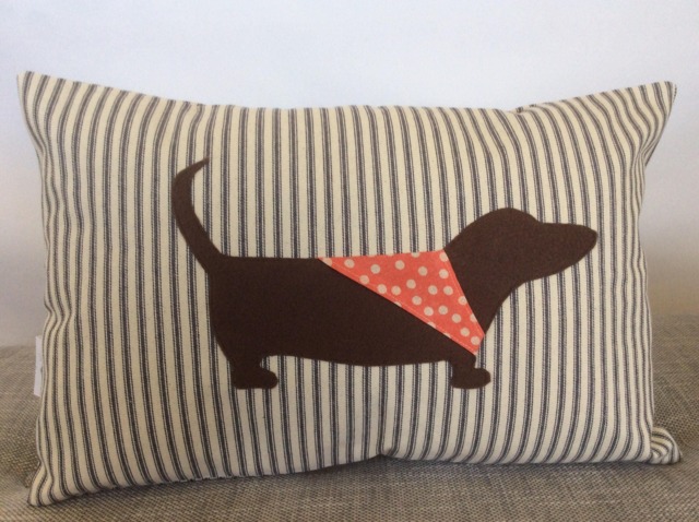 Dachshund Applique Pillow Cover Ticking Stripe Dog Accent Cushion - image 1
