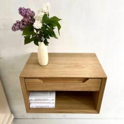 Bedside Table With Drawer, Solid Oak Wood Floating Nightstand, Nursery Bed Side For Bedroom, Unique Ultra Low Nightstand - thumbnail 3