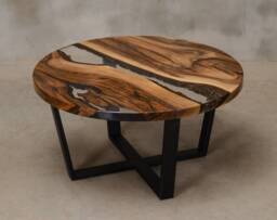 Custom Round Epoxy Table Made Of Walnut, Uv Resin With Steel Legs, Live Edge Table, River Coffee To Office