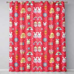 Cute Easter Chick Bunny Carrot Rainbow Basket Seamless Pattern Red Background Readymade Eyelet Ring Top Thermal 100% Blackout Curtains - thumbnail 2