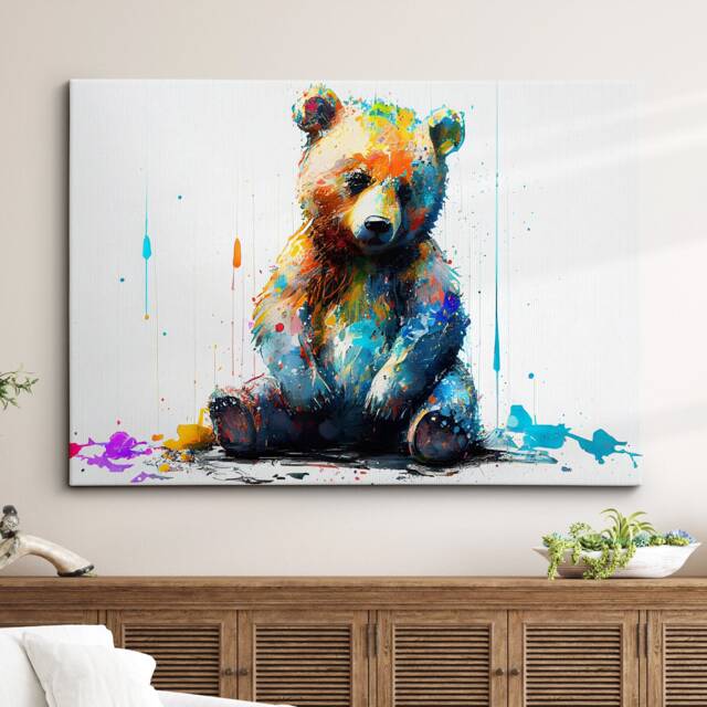 Teddy Bear Sitting Down Animal Abstract Modern Painting Wall Art, Framed Canvas Poster Print, Home Kitchen Office Room Decor, Kids Gifts - image 1