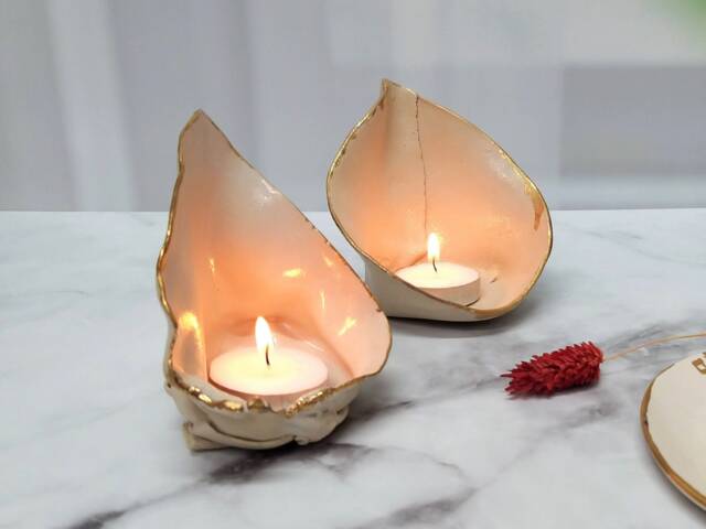 Handmade Ceramic Candle Holders With Gold Trim, Shabbat Candleholder, Set Of 2 - image 1