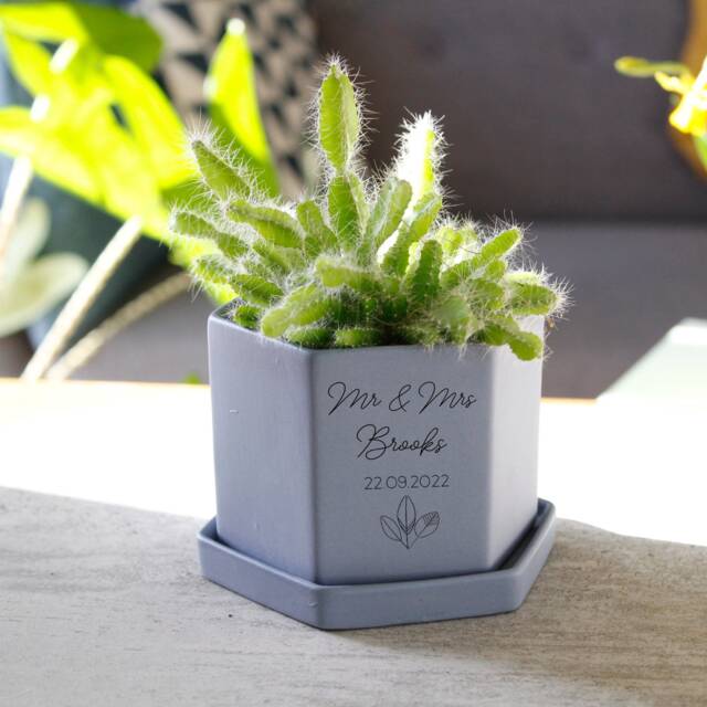 Personalised Wedding Day Hexagon Plant Pot - Cacti Gift Anniversary Present - image 1