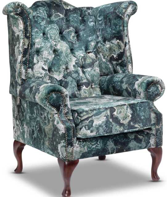 Chesterfield Highback Queen Anne Chair Paisley Green Velvet - image 1