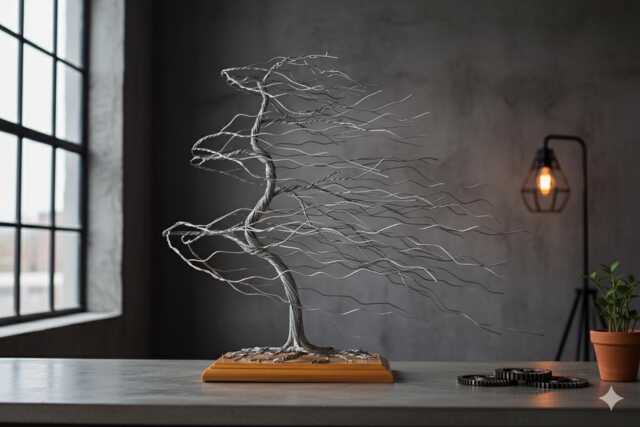 Wire Bonsai Tree Sculpture Handmade Zen Decor, Engraved Dedication - image 1
