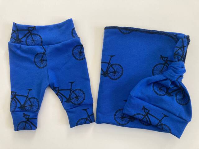 Bike Swaddle Blanket & Newborn Hat Set. Pants. Boy Take Home Photo Prop. Baby Shower Gift - image 1