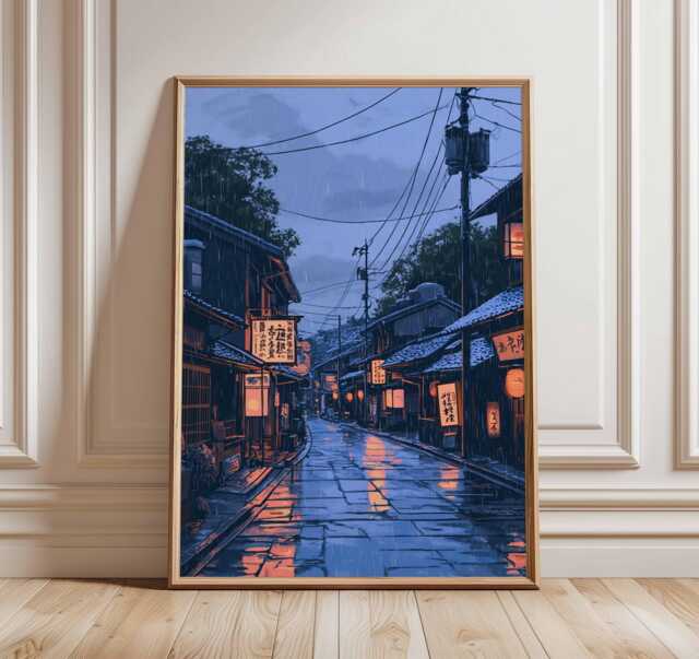 Japanese Rainy Street Poster, Kyoto Night Wall Art Print, Lantern Reflections Japan Travel Artwork, Asian Cityscape Home Decor - image 1
