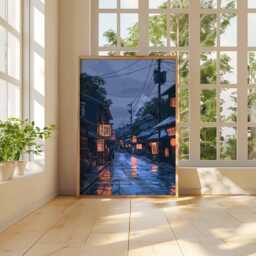 Japanese Rainy Street Poster, Kyoto Night Wall Art Print, Lantern Reflections Japan Travel Artwork, Asian Cityscape Home Decor - thumbnail 3
