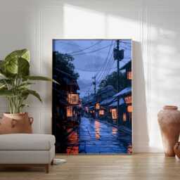 Japanese Rainy Street Poster, Kyoto Night Wall Art Print, Lantern Reflections Japan Travel Artwork, Asian Cityscape Home Decor - thumbnail 2