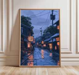 Japanese Rainy Street Poster, Kyoto Night Wall Art Print, Lantern Reflections Japan Travel Artwork, Asian Cityscape Home Decor - thumbnail 1