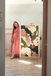 Cherry Blossom - Large Modern Textile Wall Art, Japandi Oversized Fiber Art in Ecru, Green & Blush Pink, Yarn Hanging, Moss - thumbnail 1