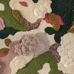 Cherry Blossom - Large Modern Textile Wall Art, Japandi Oversized Fiber Art in Ecru, Green & Blush Pink, Yarn Hanging, Moss - thumbnail 3