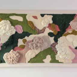 Cherry Blossom - Large Modern Textile Wall Art, Japandi Oversized Fiber Art in Ecru, Green & Blush Pink, Yarn Hanging, Moss - thumbnail 2