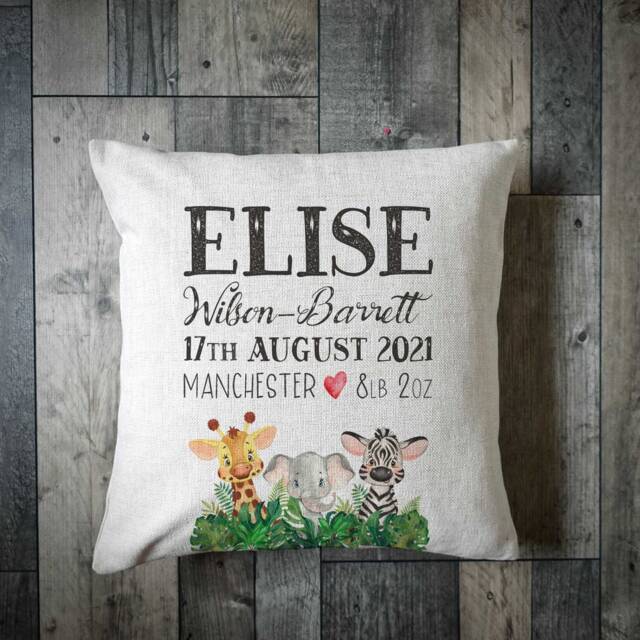Personalised Jungle Animal Birth Detail Cushion Cover - New Baby Gifts Birthday Gift Newborn Christening Baptism - image 1