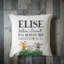 Personalised Jungle Animal Birth Detail Cushion Cover - New Baby Gifts Birthday Gift Newborn Christening Baptism - thumbnail 1