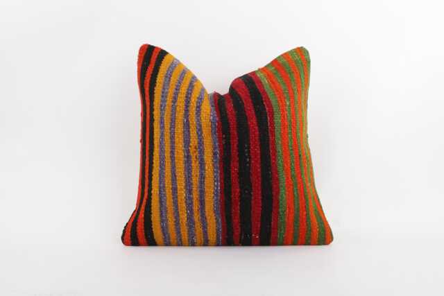 Handwoven Kilim Pillow Cover Turkish Wool, Bohemian Decor - 16x16 - image 1