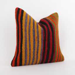 Handwoven Kilim Pillow Cover Turkish Wool, Bohemian Decor - 16x16 - thumbnail 2