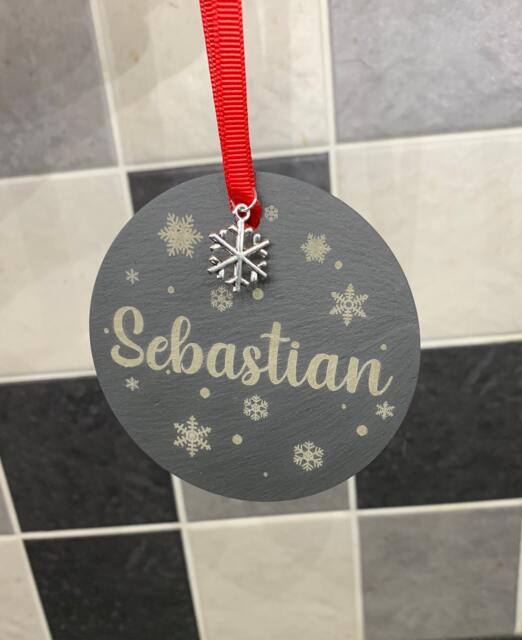 Personalised Name Christmas Tree Bauble Decorations Natural Slate Children Pet Loved One - image 1