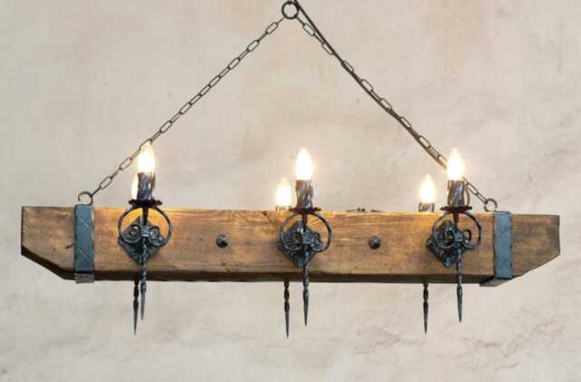 Wood Beam & Wrought Iron Chandelier - Six Light Rustic Ceiling Lights - image 1