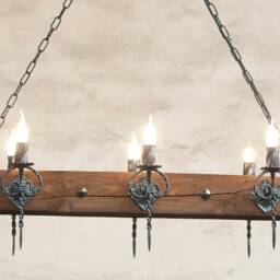 Wood Beam & Wrought Iron Chandelier - Six Light Rustic Ceiling Lights - thumbnail 2