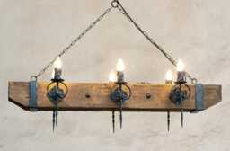 Wood Beam & Wrought Iron Chandelier - Six Light Rustic Ceiling Lights - thumbnail 1