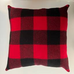 Red Black Buffalo Plaid Pillow Cover Exposed Zipper-Leather Pull 20x20 14x24 Handmade Wool Handcrafted By Misa Housewarming Gift - thumbnail 2